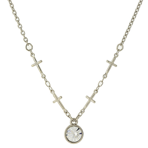 Silver-Tone Cross Chain Clear Crystal Necklace