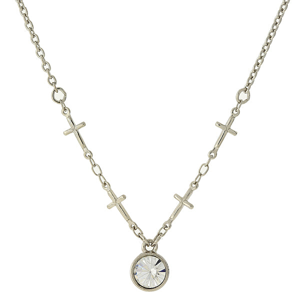 Silver-Tone Cross Chain Clear Crystal Necklace