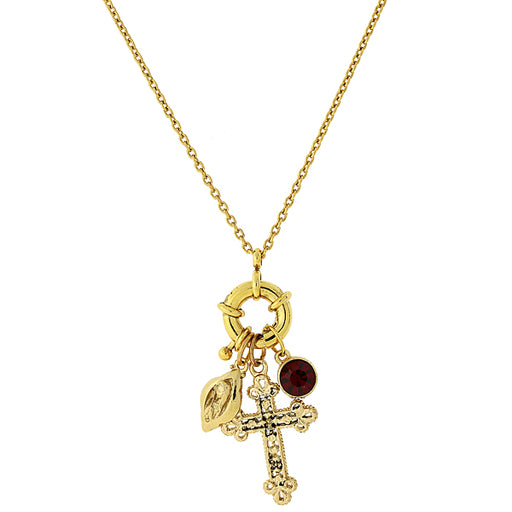 14K Gold-Dipped Red Stone and Cross Charm Necklace