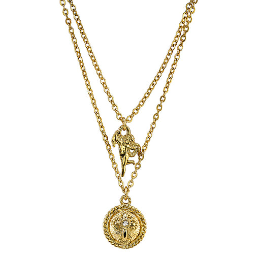 14K Gold-Dipped Angel and Cross Pendant Double Strand Necklace