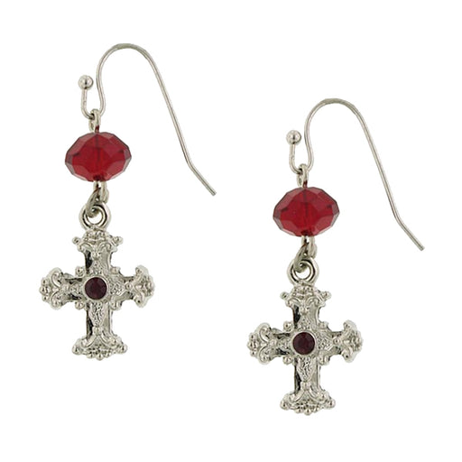 Silver-Tone Red Crystal Cross Drop Earrings