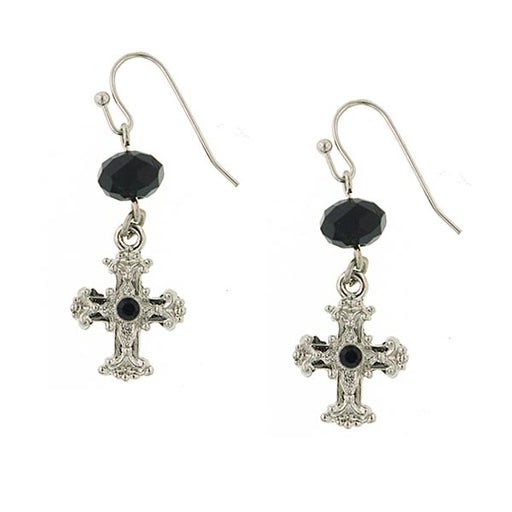 Silver-Tone Black Crystal Cross Drop Earrings