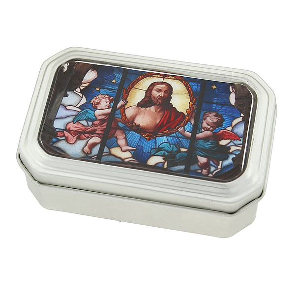 Silver-Tone Multi-Color Stained Glass Decal Tin Rosary Box
