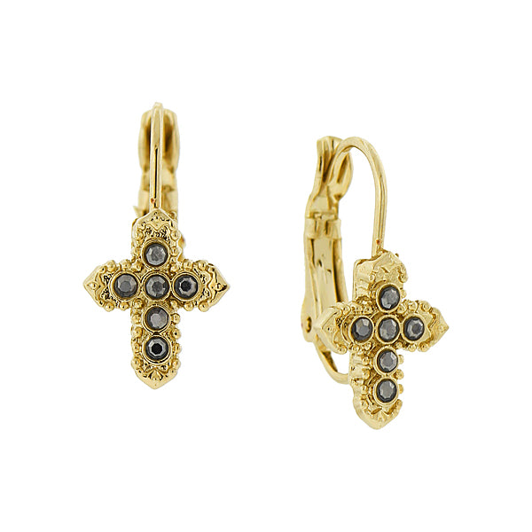14K Gold-Dipped Hematite Color Petite Cross Earrings