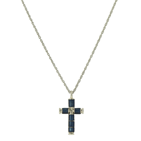 Silver-Tone Crystal Blue Enamel Cross Necklace