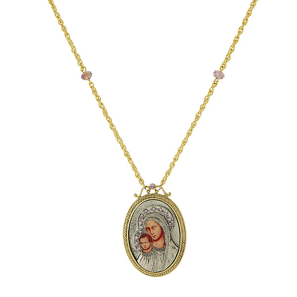 14K Gold-Dipped Silver-Tone Lt. Purple Crystal Mary and Child Pendant Necklace