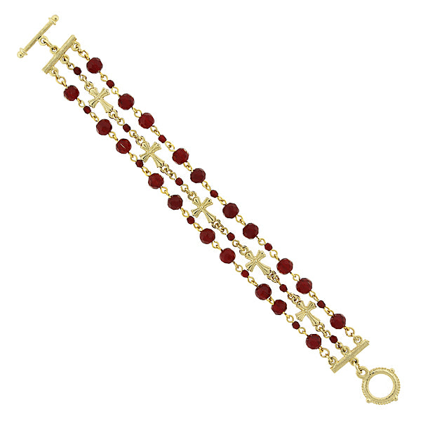14K Gold-Dipped Red 3-Row Bead and Cross Toggle Bracelet