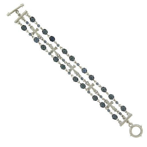Silver-Tone Blue 3-Row Bead and Cross Toggle Bracelet