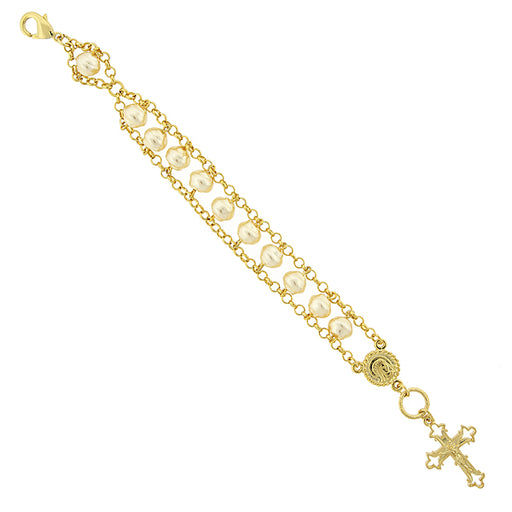 14K Gold-Dipped Simulated Pearl Crucifix Bracelet