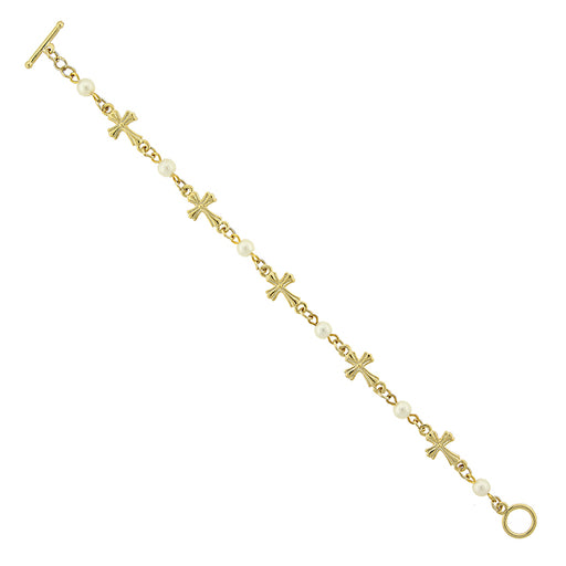 14K Gold-Dipped Simulated Pearl Cross Toggle Bracelet