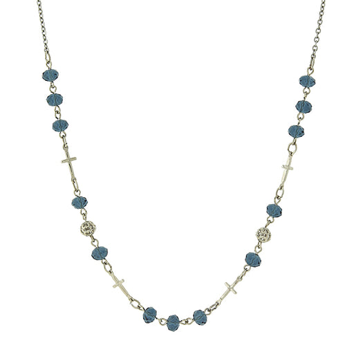 Silver-Tone Blue Bead Cross Necklace