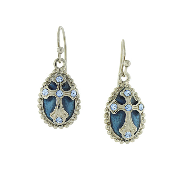 Silver-Tone Blue Crystal and Enamel Cross Drop Earrings