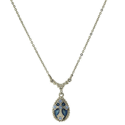 Silver-Tone Blue Crystal and Enamel Cross Pendant Necklace