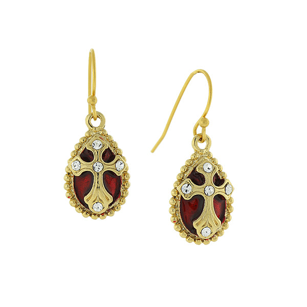 14K Gold-Dipped Crystal Red Enamel Cross Drop Earrings