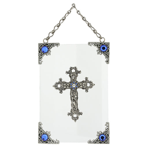 Silver-Tone and Blue Crystal Hanging Glass Wall or Window Plaque