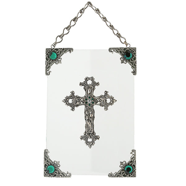 Silver-Tone and Green Crystal Hanging Glass Wall or Window Plaque