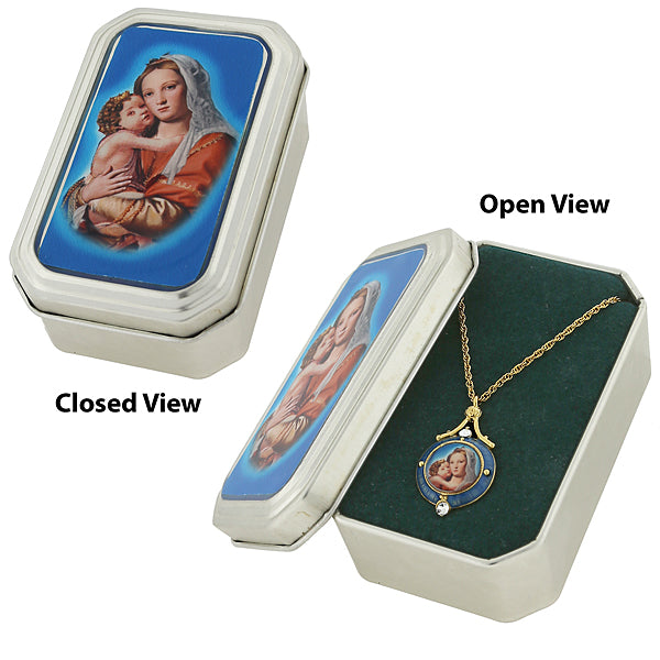 14K Gold-Dipped Enamel Mary and Child Necklace Mirror Image Tin Gift Box