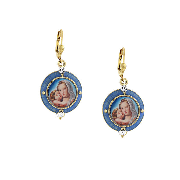 14K Gold-Dipped and Blue Enamel Earrings with Mary and Child Decal Image