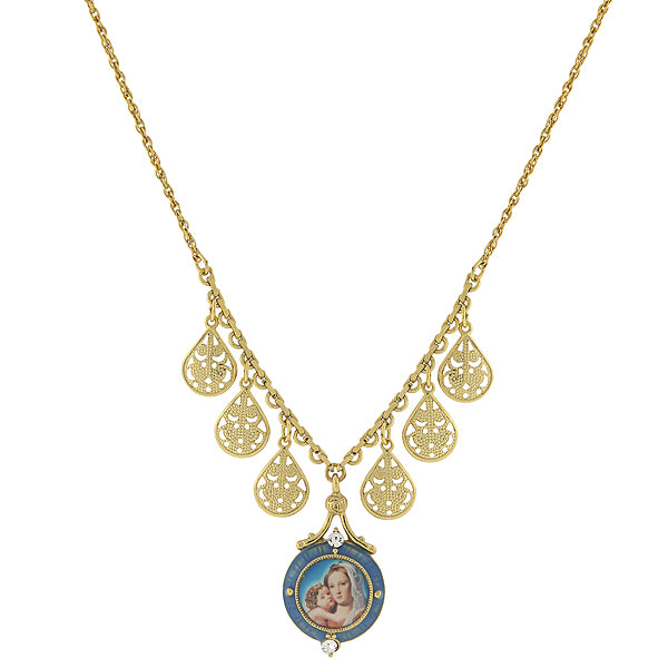 14K Gold-Dipped and Blue Enamel Pendant Necklace with Mary and Child Decal