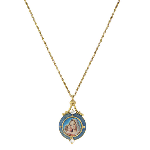 14K Gold-Dipped Blue Enamel Mary and Child Pendant Necklace