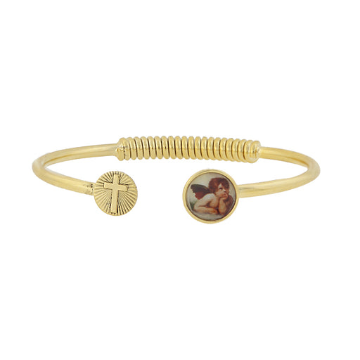 14K Gold-Dipped Sping Hinge Bracelet with Cross and Cherub Decal Accent