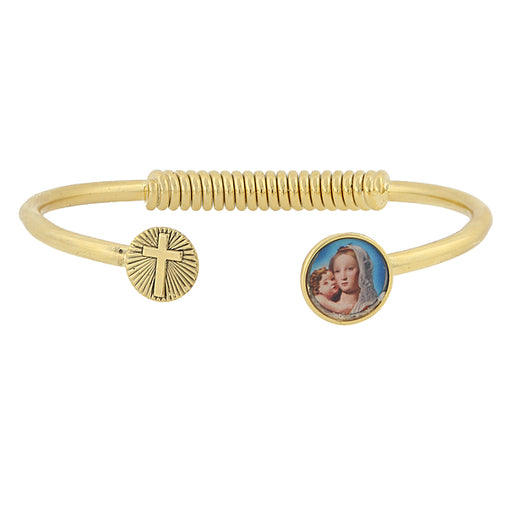 14K Gold-Dipped Sping Hinge Bracelet with Cross and Mary and Child Decal Accent
