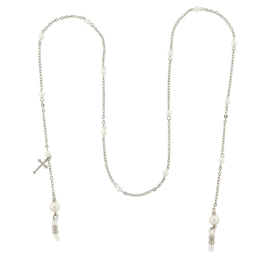 Silver-Tone Chain with Simulated Pearl and Cross Charm Eyeglass Holder