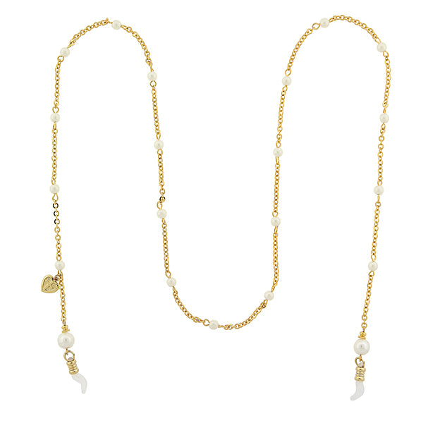 Gold-Tone Chain with Simulated Pearl and Heart Cross Charm Eyeglass Holder