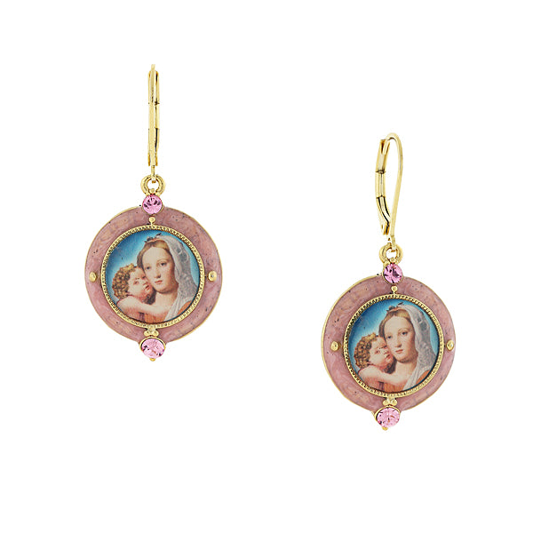 14K Gold-Dipped and Pink Crystal Enamel Earrings with Mary and Child Decal Image