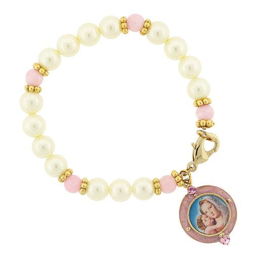 14K Gold-Dipped Simulated Pearl/Pink Bracelet with Mary and Child Image Charm