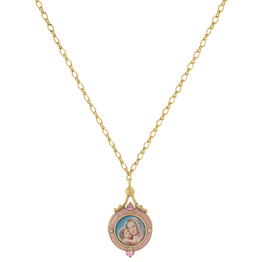 14K Gold-Dipped Pink Enamel Mary and Child Image Locket Necklace