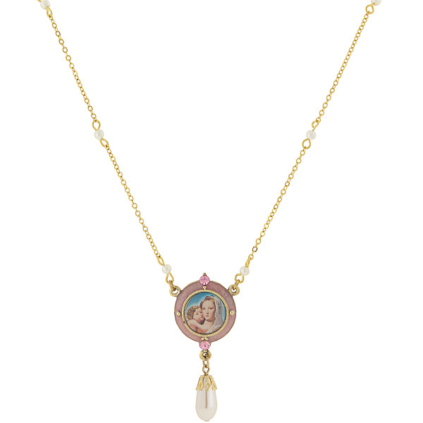 14K Gold-Dipped Pink and Sim. Pearl Drop Pendant Mary and Child Necklace