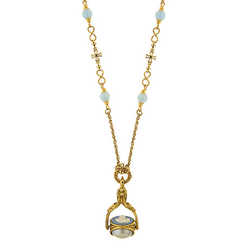 14K Gold-Dipped Triple Spinner Simulated Pearl Mary Cameo Blue Bead Necklace