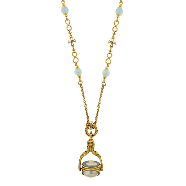 14K Gold-Dipped Triple Spinner Simulated Pearl Mary Cameo Blue Bead Necklace