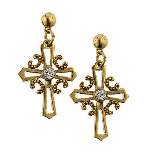 Gold-Tone Crystal Cross Drop Earrings