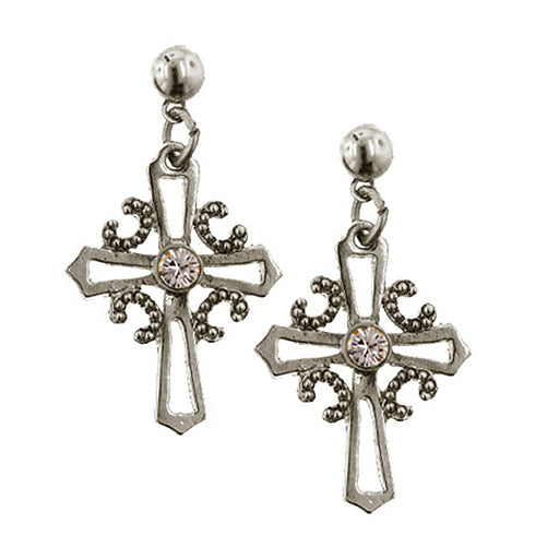 Silver-Tone Crystal Cross Drop Earrings