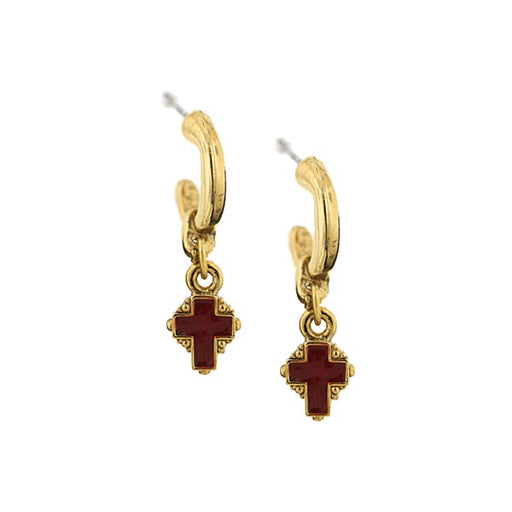 Gold-Tone Hoops with Red Enamel Cross Drop Earrings