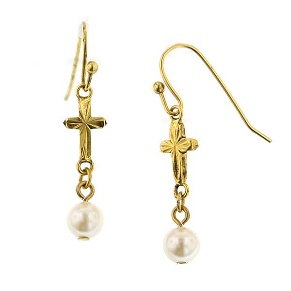 Gold-Tone Cross and Simulated Pearl Drop Earrings