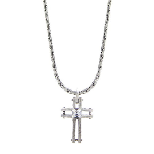 Semi Bright Silver-Tone with Center Crystal Cross Necklace