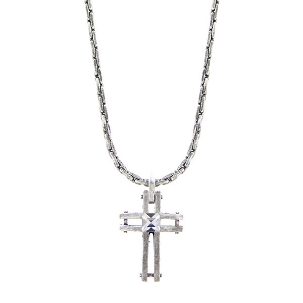 Semi Bright Silver-Tone with Center Crystal Cross Necklace