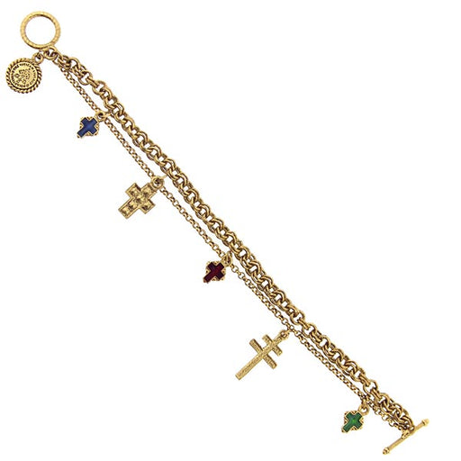 Gold-Tone Blue, Red, and Green Enamel Multiple Cross Charm Bracelet