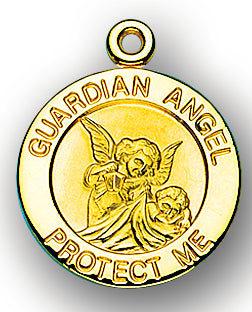 13/16-inch Solid 14kt. Gold Round Guardian Angel, Angel Jewelry Medal with 14kt. Jump Ring Boxed