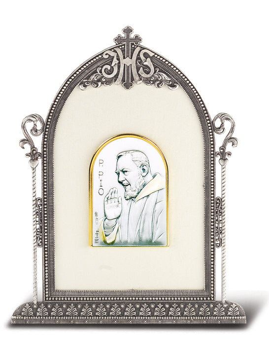6 1/2-inch x 4 1/2-inch Antique Silver Frame w/Sterling Silver Saint Pio Image