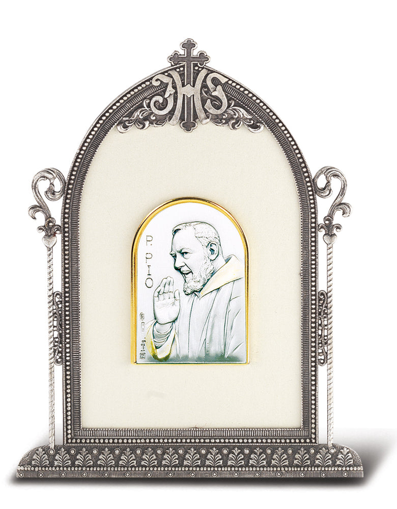 6 1/2-inch x 4 1/2-inch Antique Silver Frame w/Sterling Silver Saint Pio Image