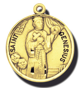 7/8-inch Solid 14kt. Gold Round Saint Genesius Medal with 14kt. Jump Ring Boxed