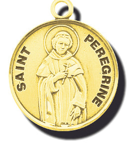 7/8-inch Solid 14kt. Gold Round Saint Peregrine Medal with 14kt. Jump Ring Boxed