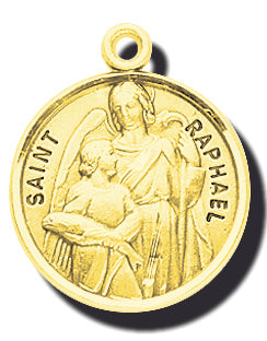 7/8-inch Solid 14kt. Gold Round Saint Raphael Medal with 14kt. Jump Ring Boxed