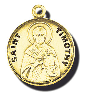7/8-inch Solid 14kt. Gold Round Saint Timothy Medal with 14kt. Jump Ring Boxed