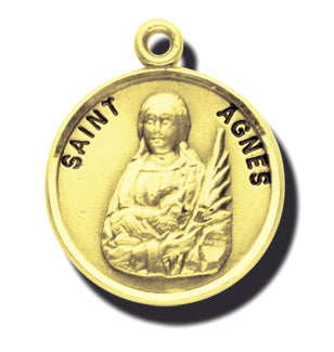 7/8-inch Solid 14kt. Gold Round Saint Agnes Medal with 14kt. Jump Ring Boxed