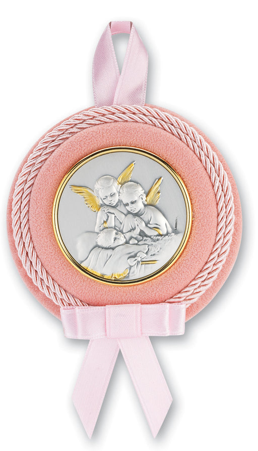 3 1/4-inch Sterling Silver Pink Guardian Angel Crib Medal